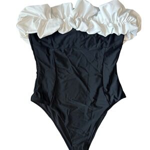 Club L London Portifino Ruffle‎ One Piece Swimsuit Strapless Black White Size 6